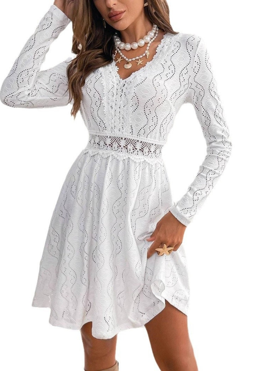 Hollow Lace Splicing Long Sleeve Mini&Short Dresses