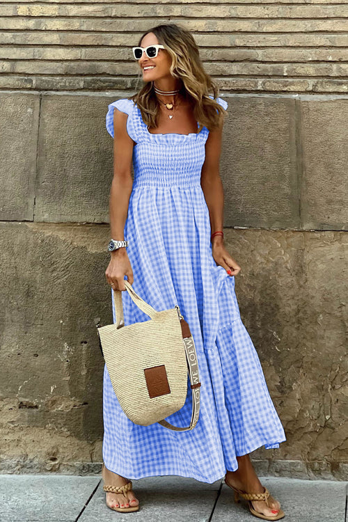 Gingham Check Smocked Square Neck Tiered Ruffle Spaghetti Strap Maxi Dress