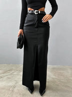 PU Leather High-waisted Slim Fit Hip Body Slit Longline Skirts