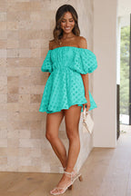 Off-the-Shoulder Puff Sleeve Windowpane Check Smocked Waist Mini Dress