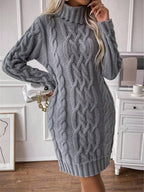 Twisted Thread Turtleneck Knitted Sweaters Midi Dresses