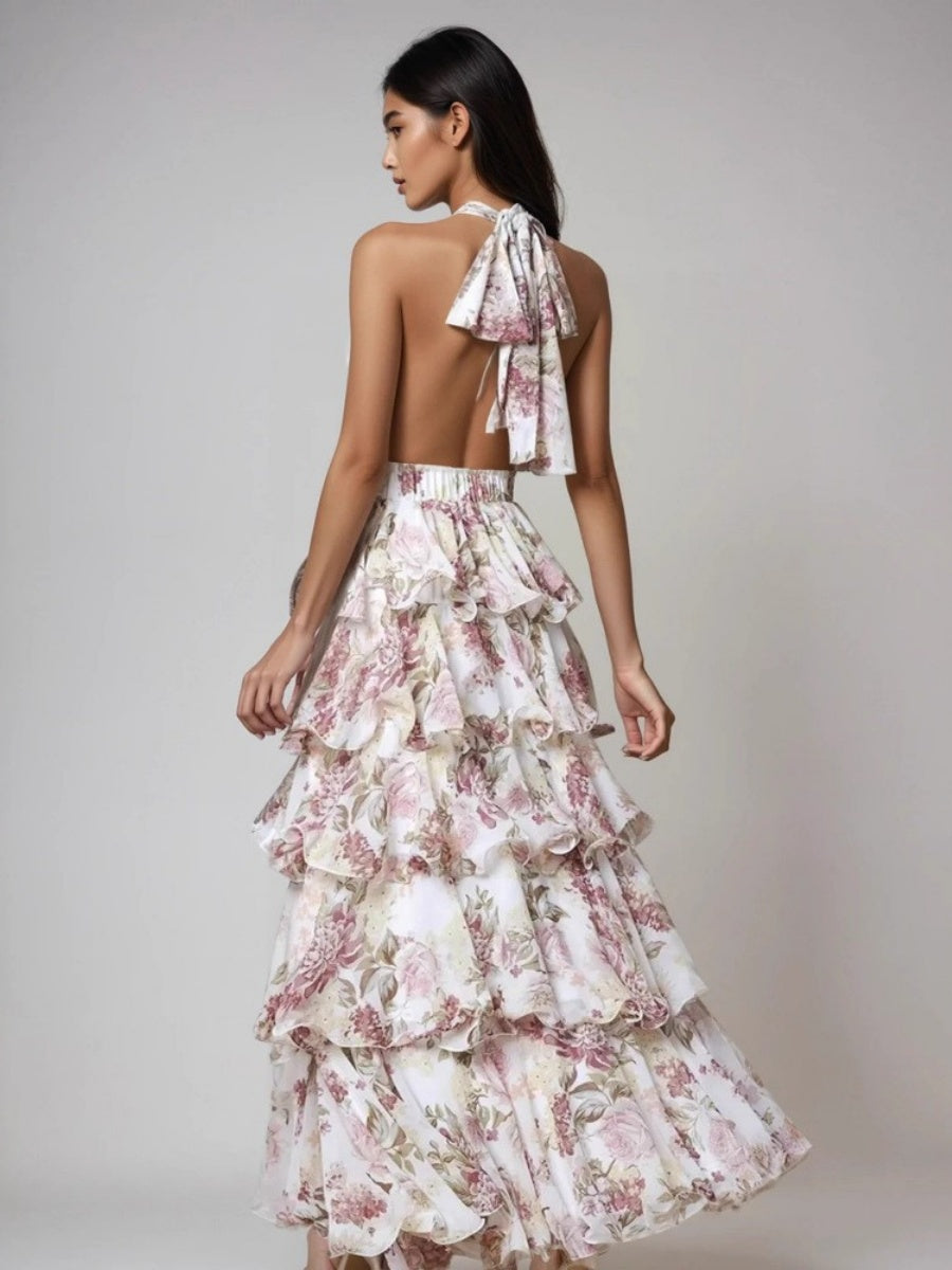 V-neck Spaghetti Strap Multi-layered Floral Print Long Dress