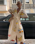 Addison Aesthetic Oversized V Neck Dress for Women in Beige Designer Edit