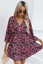 Wrap V Neck Bell Sleeve Tiered Floral Print Mini Dress
