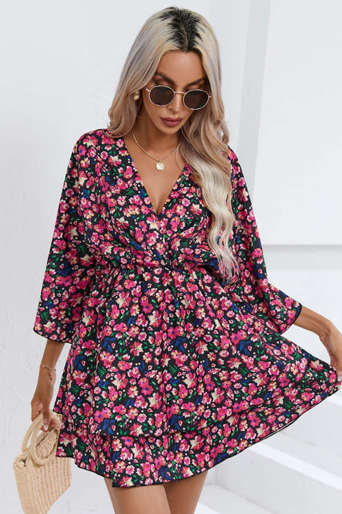 Wrap V Neck Bell Sleeve Tiered Floral Print Mini Dress