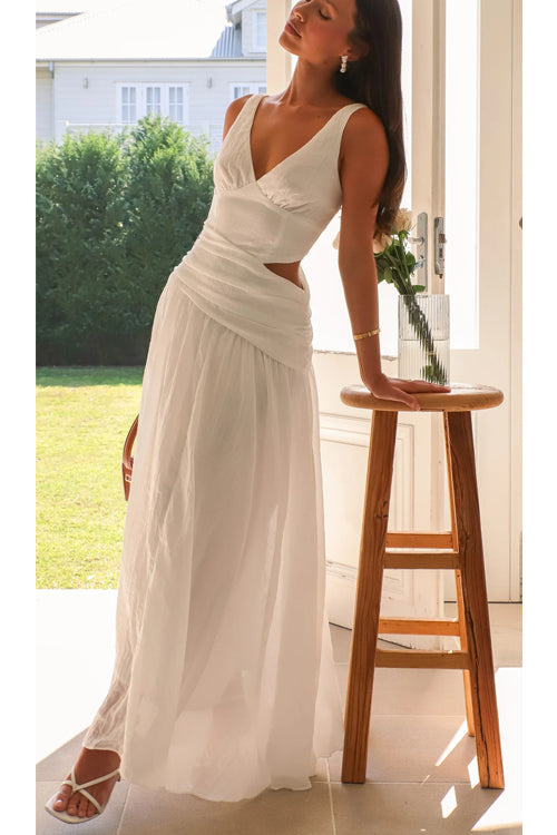 Deep V-Neck Cut Out Waist Sleeveless Wrap Pleated Maxi Dress