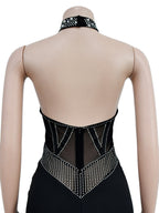 Hot-fix Rhinestones And Bubbles Mesh Splicing Halter Neck Cutout Sleeveless Jumpsuits