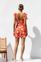 Tie Shoulder Deep V-Neck Patchwork Floral Print Mini Dress