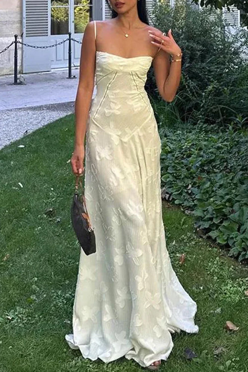 Spaghetti Strap Back Lace-up Applique Flower Maxi Swing Dress
