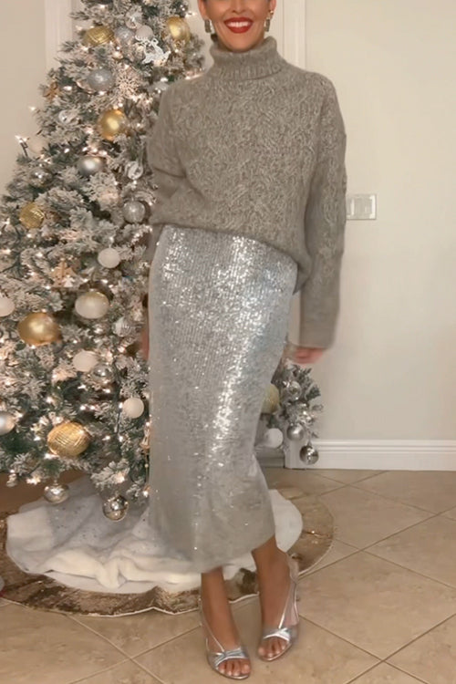 Elastic Waist Christmas Sequin Midi Skirt