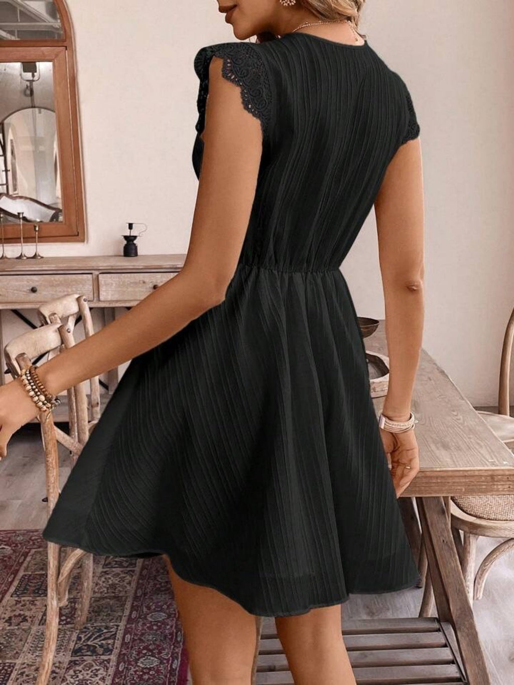 Lace Trim Openwork Jacquard V-neck, Fitted Waist Flying Sleeves Mini&Short Dresses