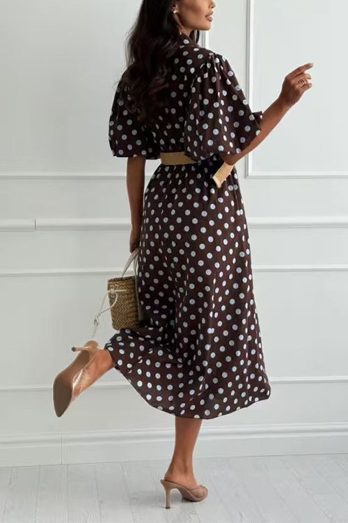 Lapel Lantern Short Sleeves Button Up Polka Dot Midi Dress