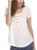 V-neck Pleated Buttons Loose-fit Short-sleeved T-shirt
