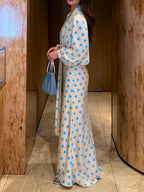 Polka Dots V-neck Puff Sleeves Waist Shaping Maxi Dresses