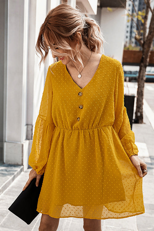 Swiss Dot V-Neck Button Front Elastic Waist Bishop Sleeve Mini Dress