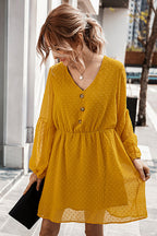 Swiss Dot V-Neck Button Front Elastic Waist Bishop Sleeve Mini Dress