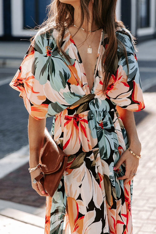Large Scale Floral Print Deep V-Neck Flutter Sleeve High Split Maxi Dress