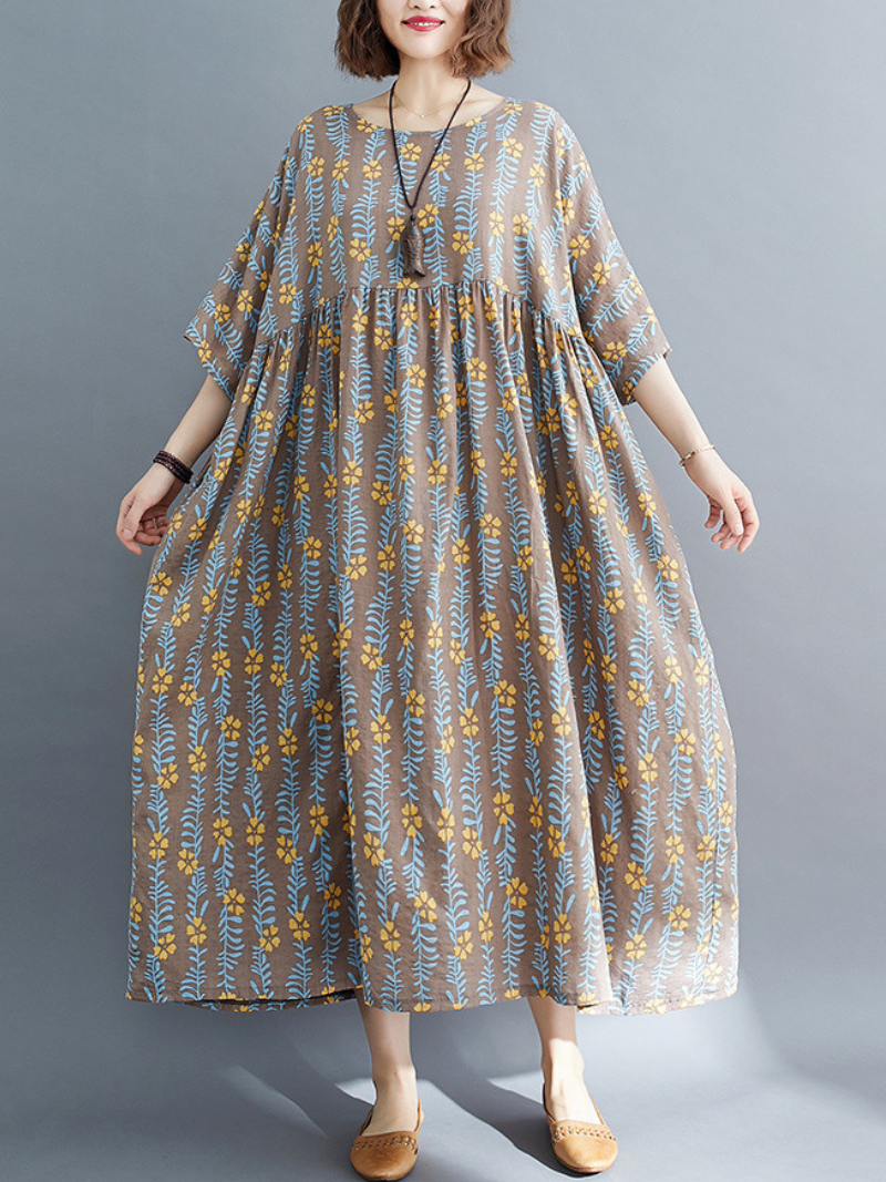 women summer loose round neck print short-sleeved plus size mid-length smocked dress