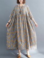 women summer loose round neck print short-sleeved plus size mid-length smocked dress