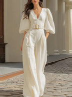 V-neck Loose-fit Belts Wide Leg Jumpsuits