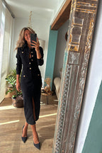 Denim Button Front Patch Pocket Center Slit Long Sleeve Midi Dress