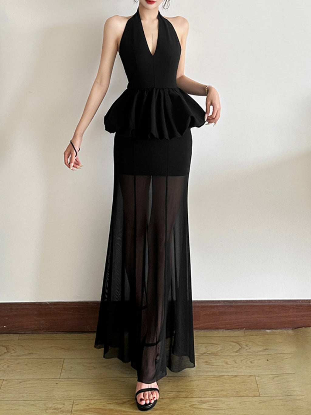 Mesh Splicing Perspective Neckband Ruffle Maxi Dresses