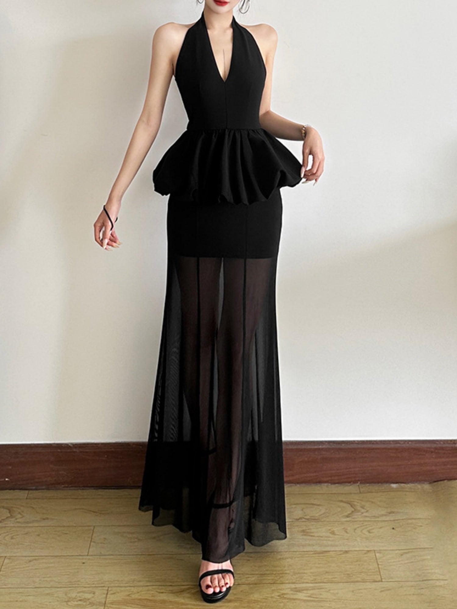 Mesh Splicing Perspective Neckband Ruffle Maxi Dresses