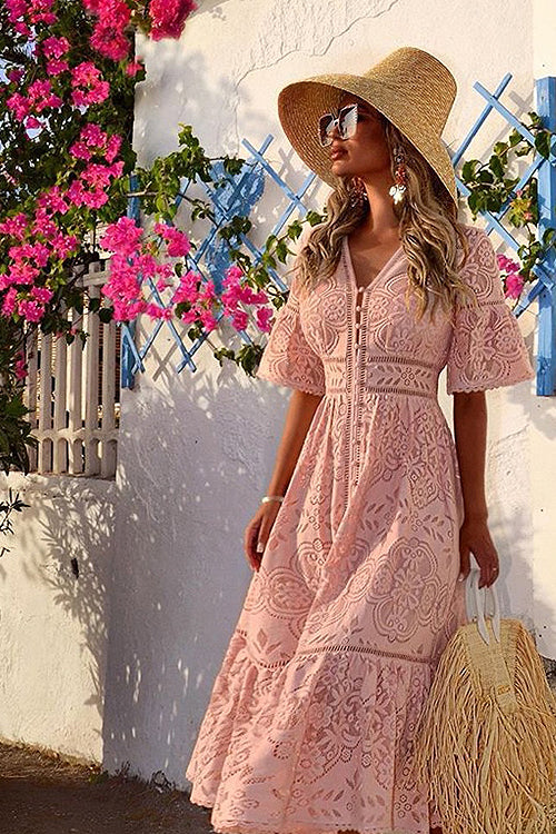 V Neck Button Front Floral Lace Bell Sleeve Tiered Midi Dress