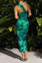 One Shoulder Cut Out Floral Print Bodycon Midi Dress