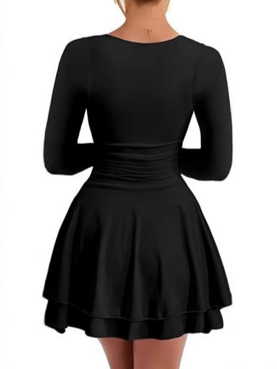 Square Neck Long Sleeves Pleated Solid Color Slim Fit Mini&Short Dresses