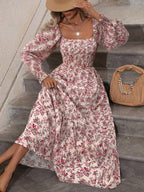 Floral Long Sleeve Square Collar Vacation And Leisure Maxi Dresses