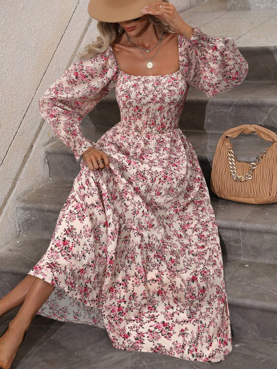 Floral Long Sleeve Square Collar Vacation And Leisure Maxi Dresses