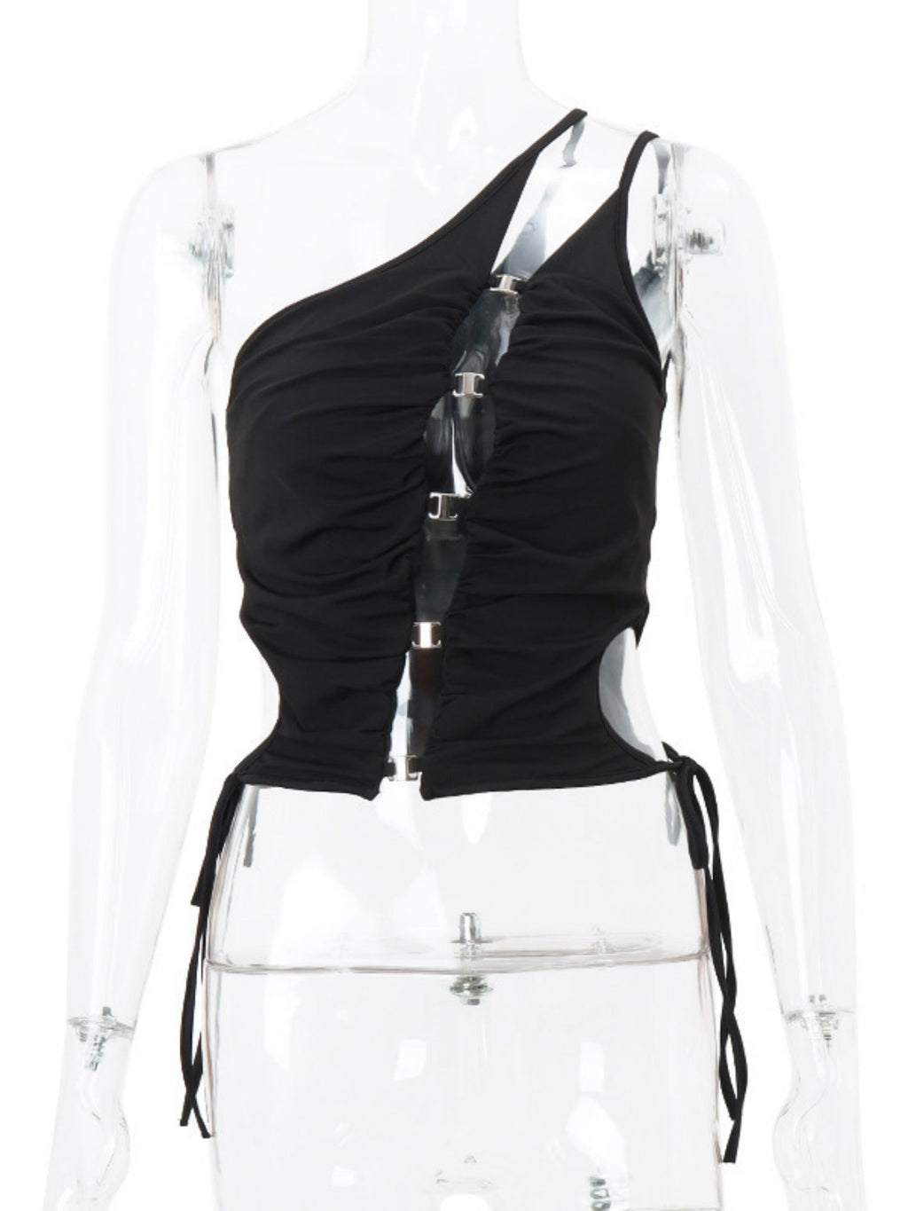 Hollow Out Metal Decoration Sloping Shoulders Backless Tank Tops