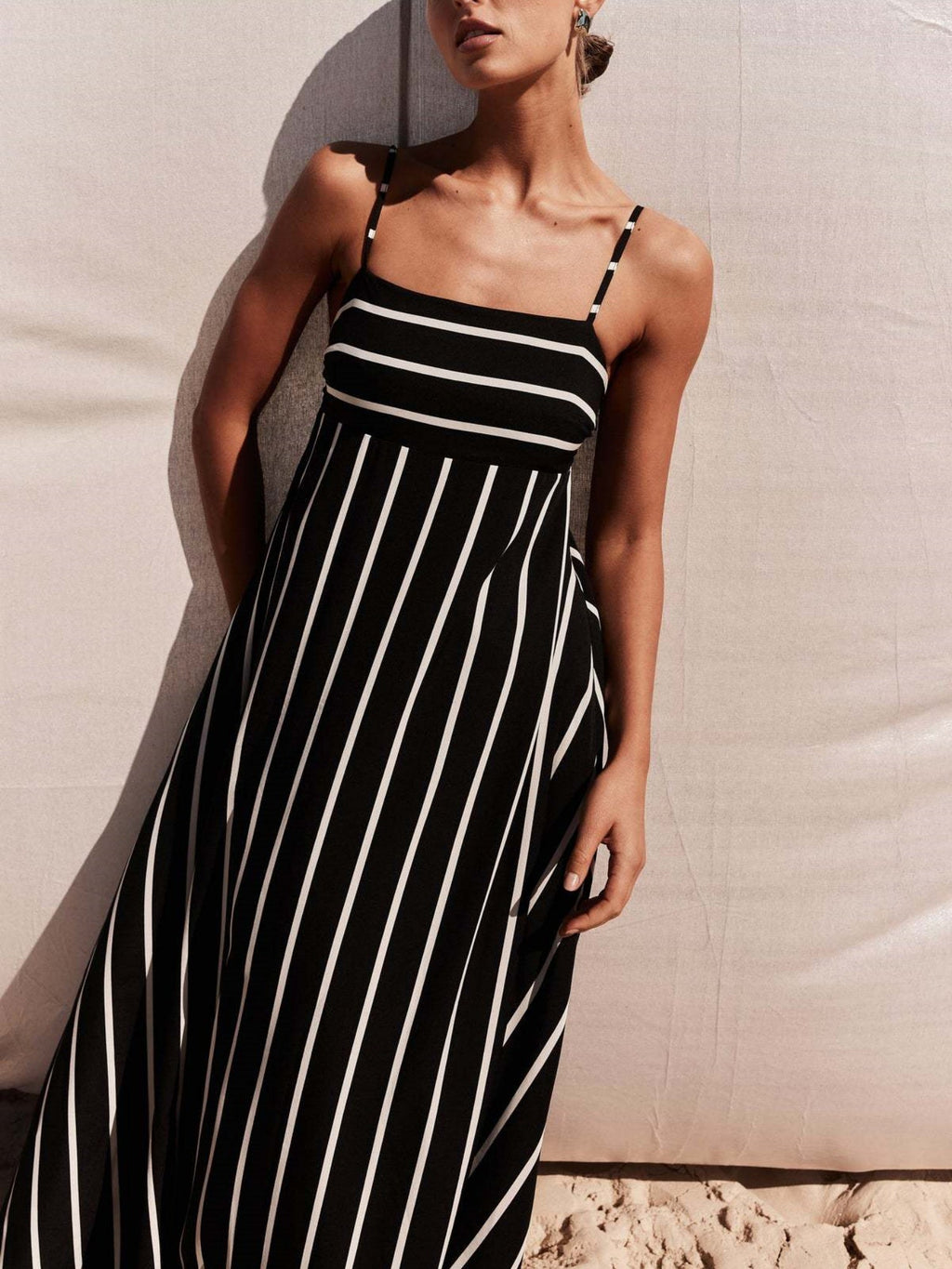 Striped Color Blocking Spaghetti Strap Backless Large Skirt Pockets Maxi Dresses
