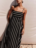 Striped Color Blocking Spaghetti Strap Backless Large Skirt Pockets Maxi Dresses
