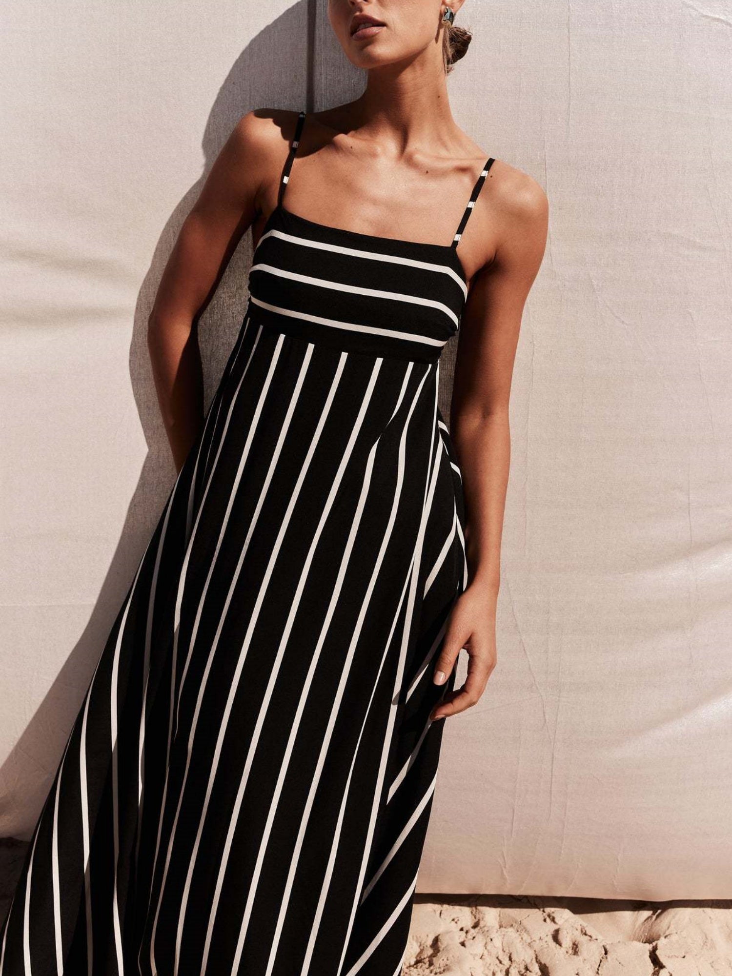 Striped Color Blocking Spaghetti Strap Backless Large Skirt Pockets Maxi Dresses