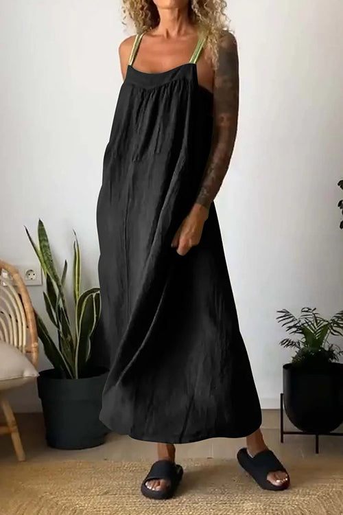 Color Block Casual Cotton Linen Maxi Beach Dress
