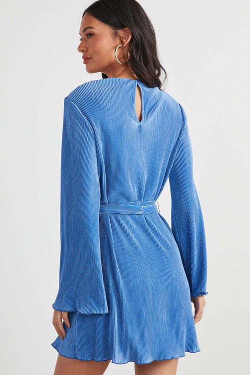 Plisse Pleated Tie Waist Crew Neck Long Sleeve Mini Dress