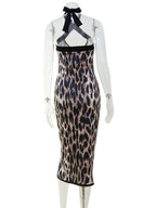 Leopard Print Cross-neck Backless And Figure-hugging Maxi Dresses