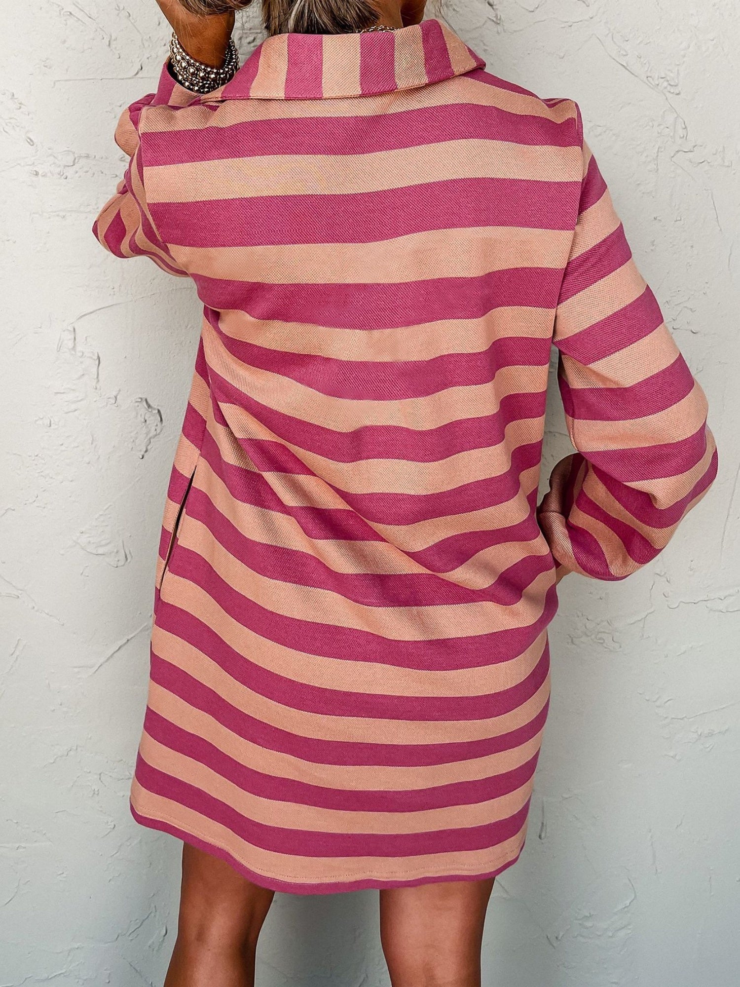Stripes Color Matching Polo Collar Pocket Long-sleeved Midi Dress