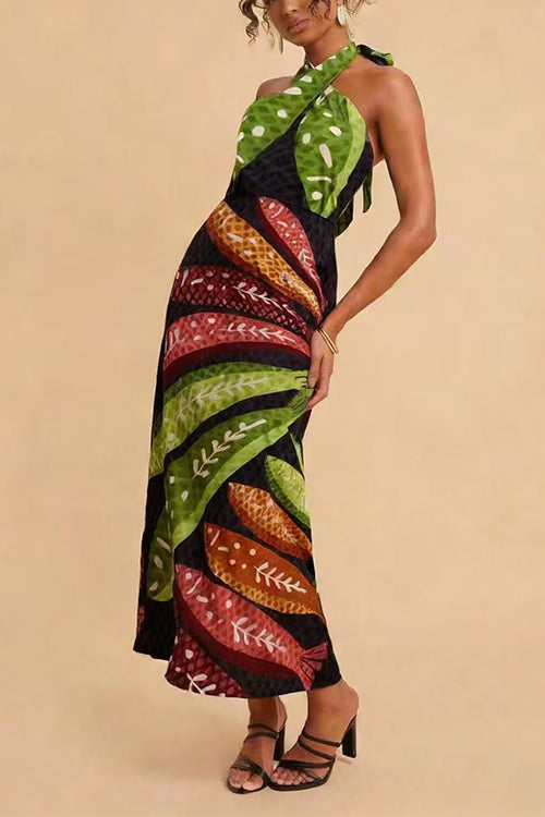 Halter Neck Backless Fish Print Maxi Dress