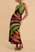 Halter Neck Backless Fish Print Maxi Dress