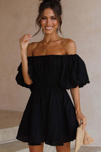Off-the-Shoulder Shirred Waist Puff Sleeve Fit and Flare Mini Dress