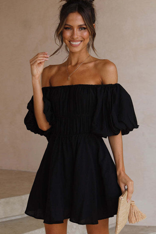 Off-the-Shoulder Shirred Waist Puff Sleeve Fit and Flare Mini Dress