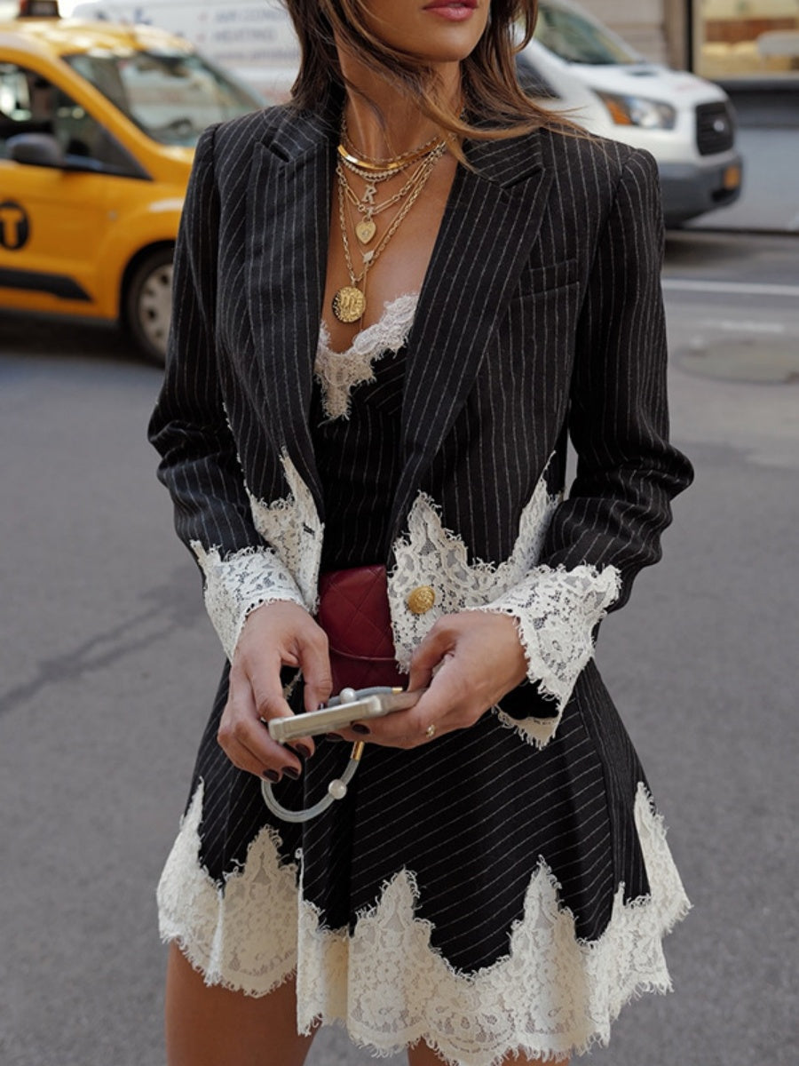 Striped Patchwork Lace Camisoles Short Blazer Set 2-piece Sets
