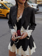 Striped Patchwork Lace Camisoles Short Blazer Set 2-piece Sets