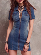 Denim Lapel Short Sleeve Slim-fit Commuting Mini&Short Dresses