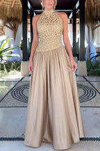 Mockneck Sleeveless Lace Splice Satin Maxi Dress