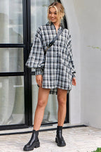 Plaid Oversized Balloon Sleeve Button Front Shirt Mini Dress