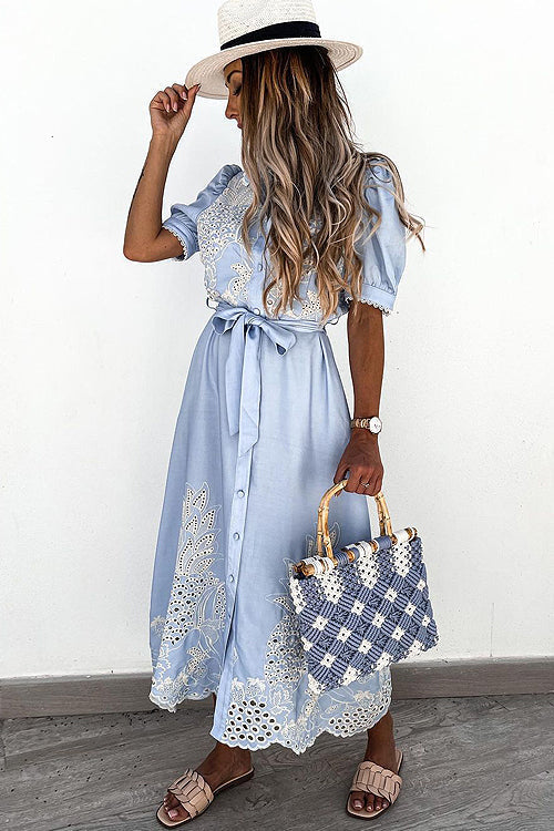 Pineapple Eyelet Embroidery Puff Sleeve Shirt Collar Button Midi Dress